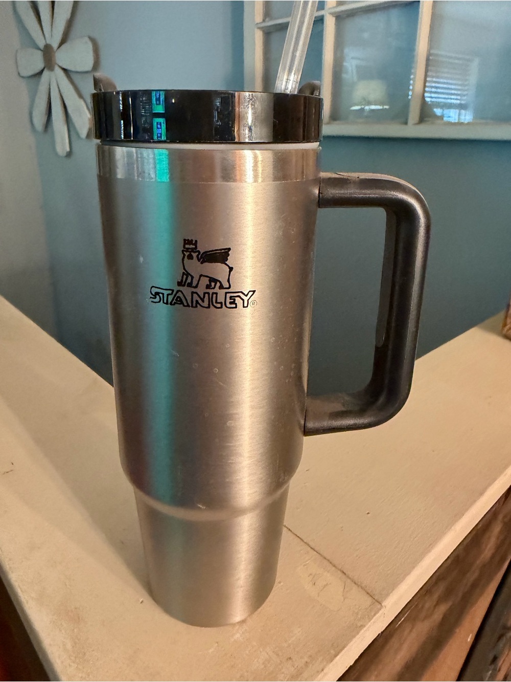 Stanley Silver Travel Mug with Black Handle and Lid